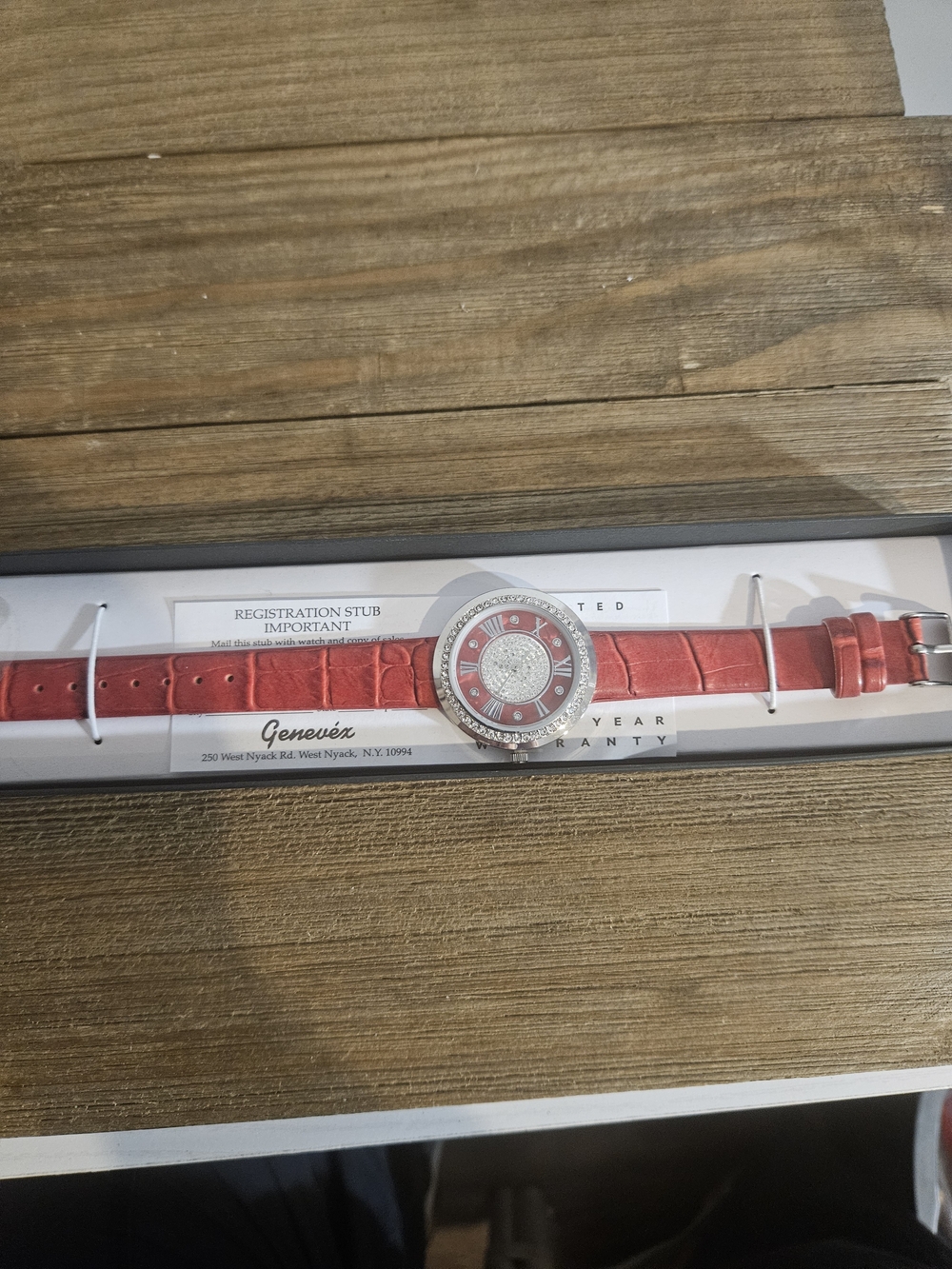 Genevex By Croton Women’s Red Crystal Watch Leather Strap New In Box